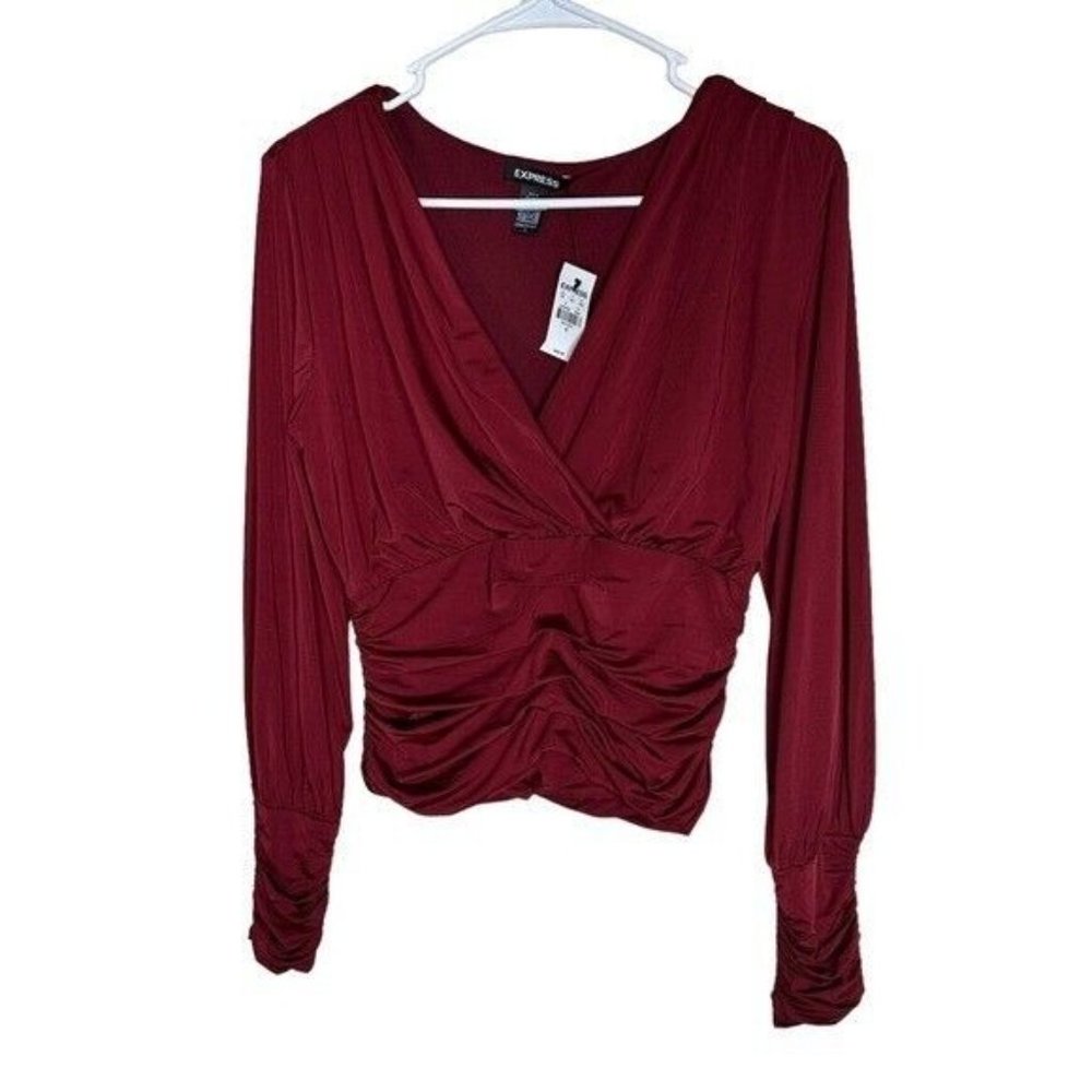 Express Silky V-Neck Ruched Top Burgundy Women’s Size Small - Picture 2 of 10
